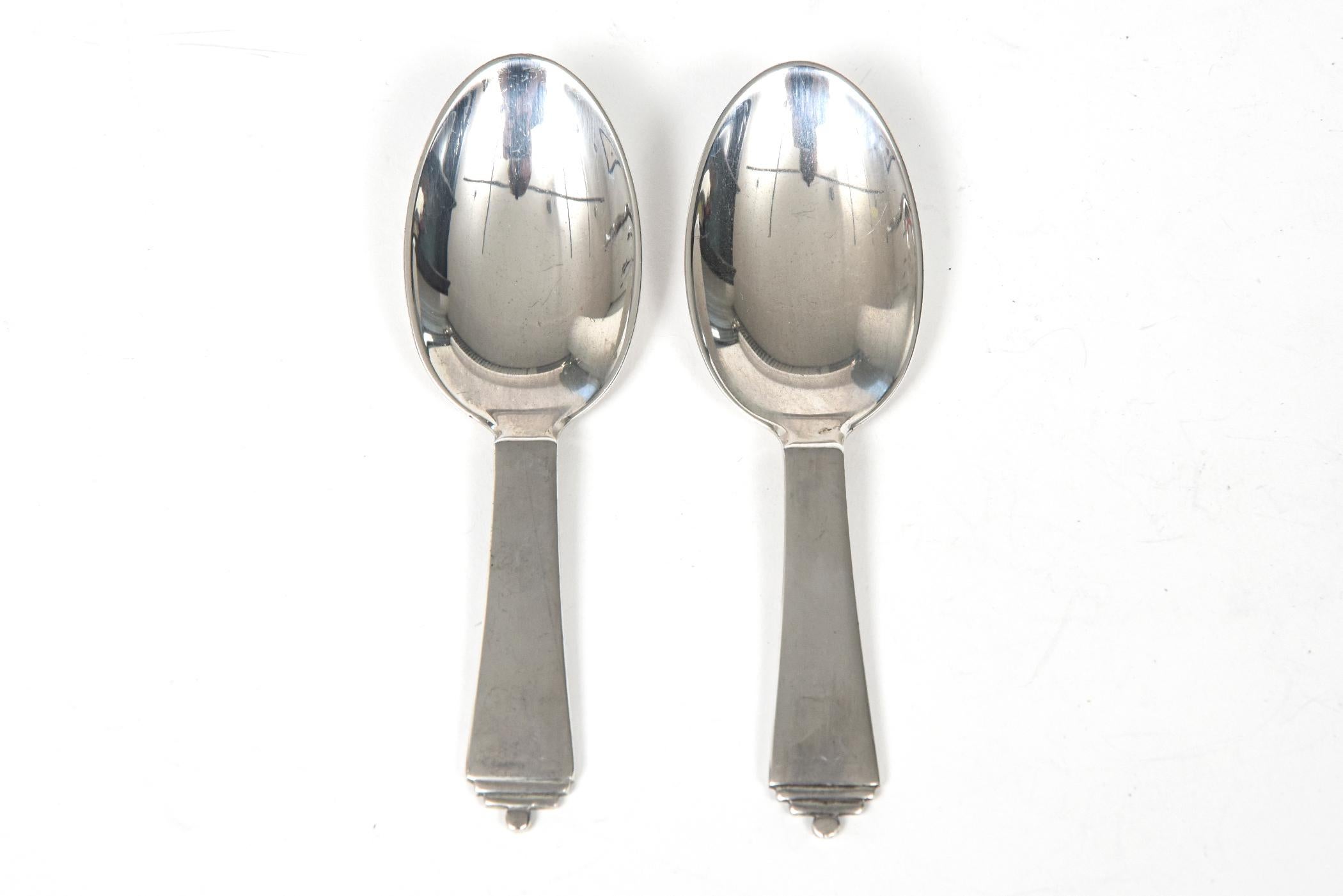 The Pyramid pattern was first introduced by Georg Jensen in 1927. It is still being produced today. This pair of baby spoons is a wonderful gift for someone with a new baby.