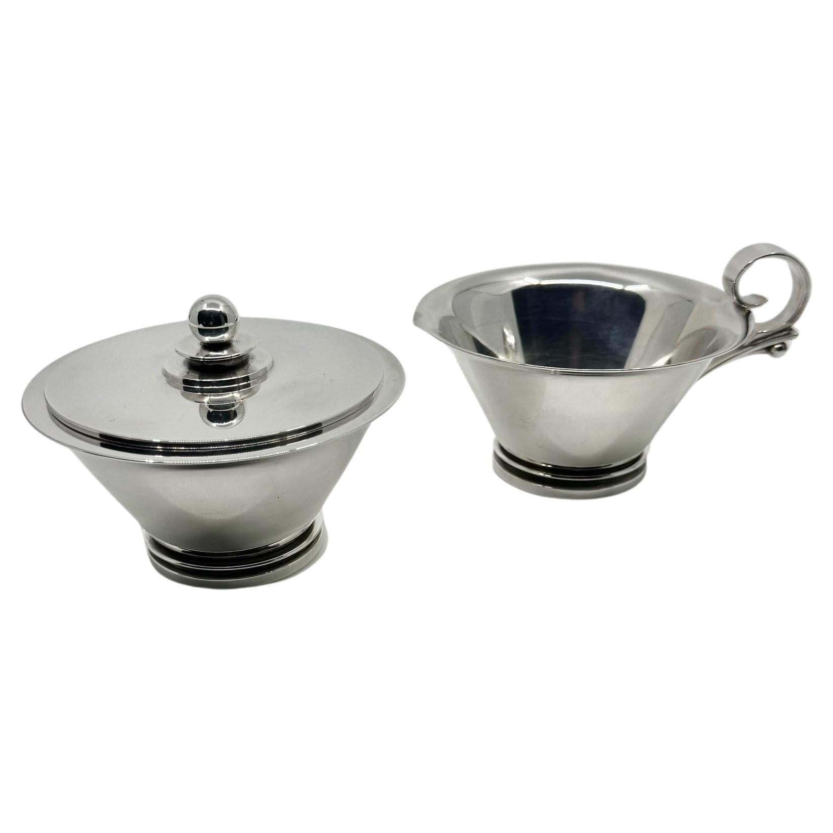 Georg Jensen Pyramid Sterling Silver Creamer and Sugar 600A For Sale