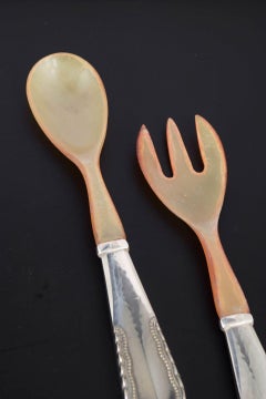 Georg Jensen. Salad set in silver and bone, with handles in the Viking pattern.