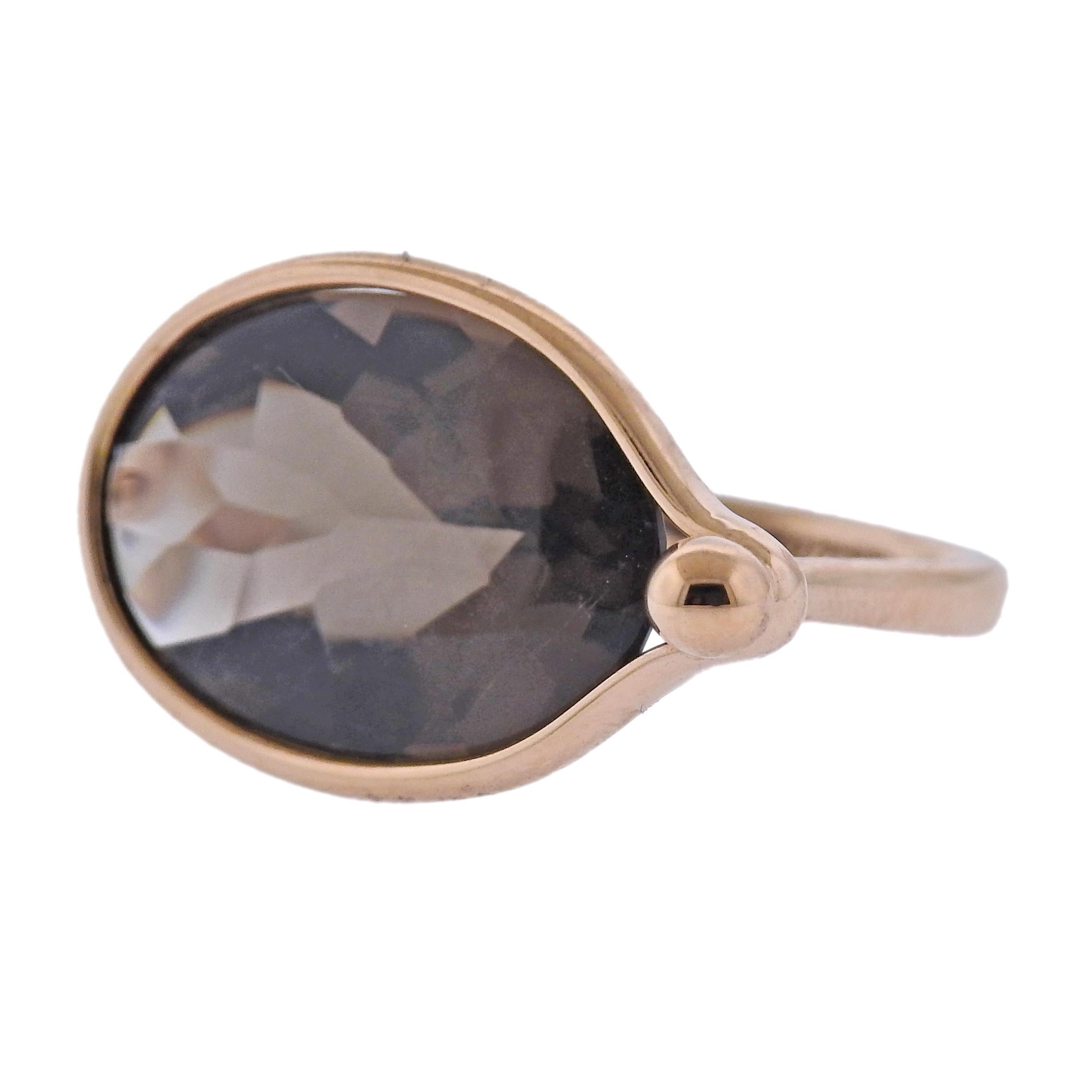 Brand new Georg Jensen 18k gold ring from Savannah collection with smokey quartz. Top of the ring - 15mm x 24mm. Available in sizes:  53, 51. Model # 10003228. Marked:  GJ mark, 750. Weight - 5.3 grams.