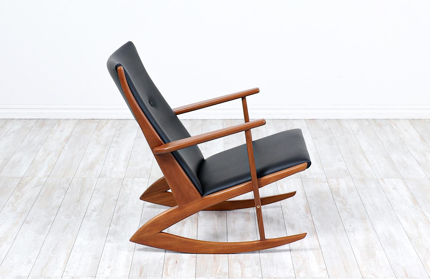 Mid-Century Modern Georg Jensen Sculpted Teak & Leather Rocking Chair for Kubus Møbler