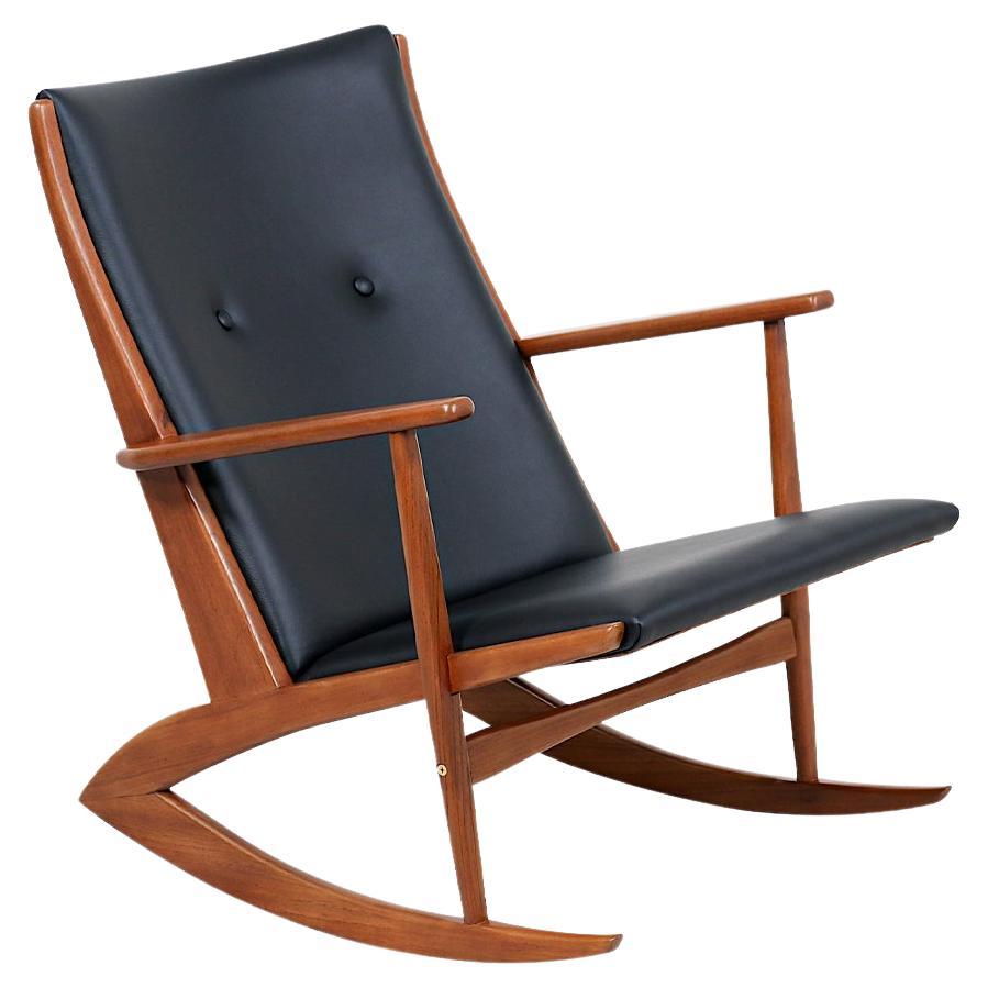 Georg Jensen Sculpted Teak & Leather Rocking Chair for Kubus Møbler