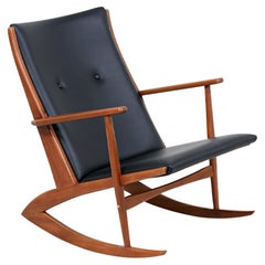 Vintage Georg Jensen Sculpted Teak & Leather Rocking Chair for Kubus Møbler
