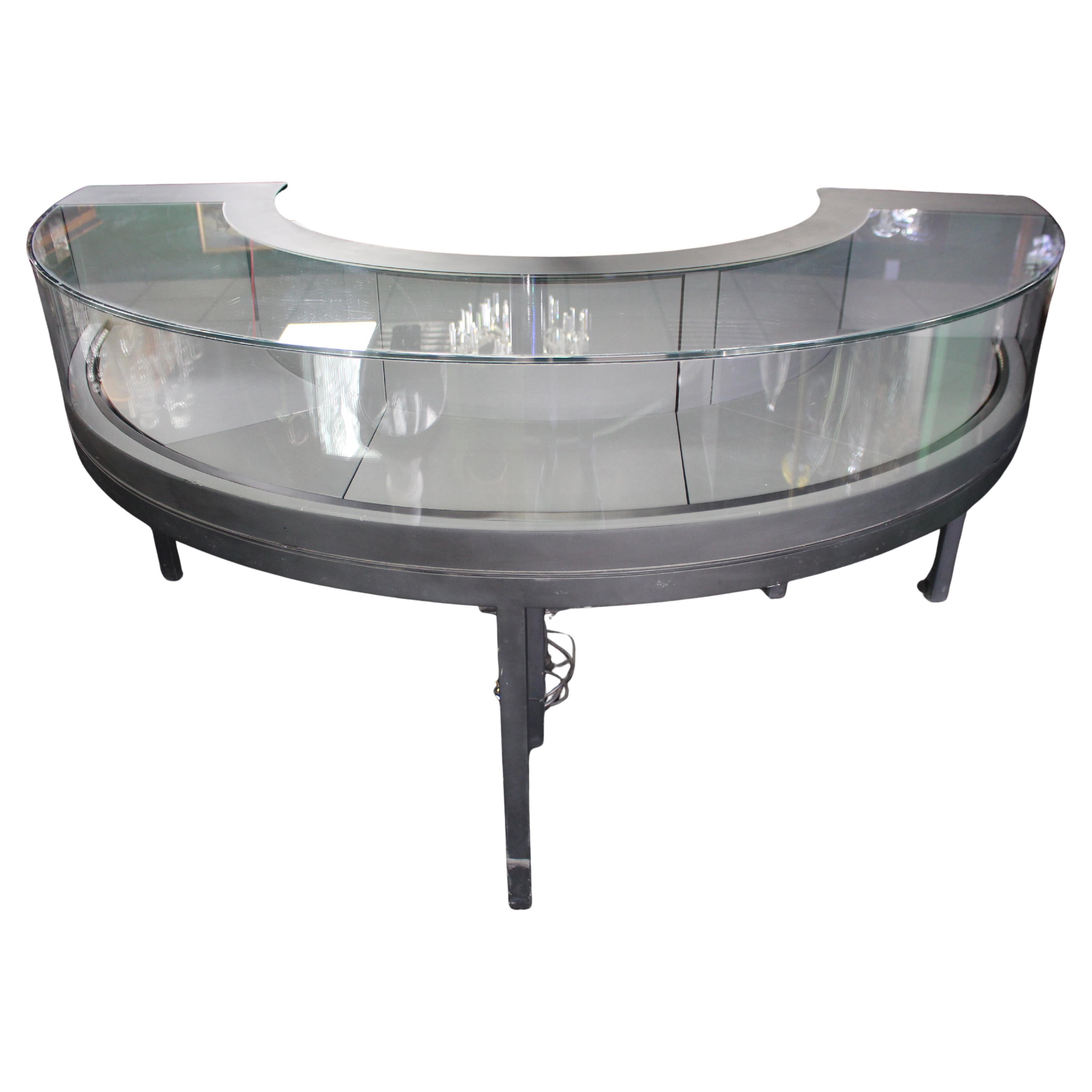 Georg Jensen Showroom Cabinet in Curved Glass and Ebonised Steel For Sale