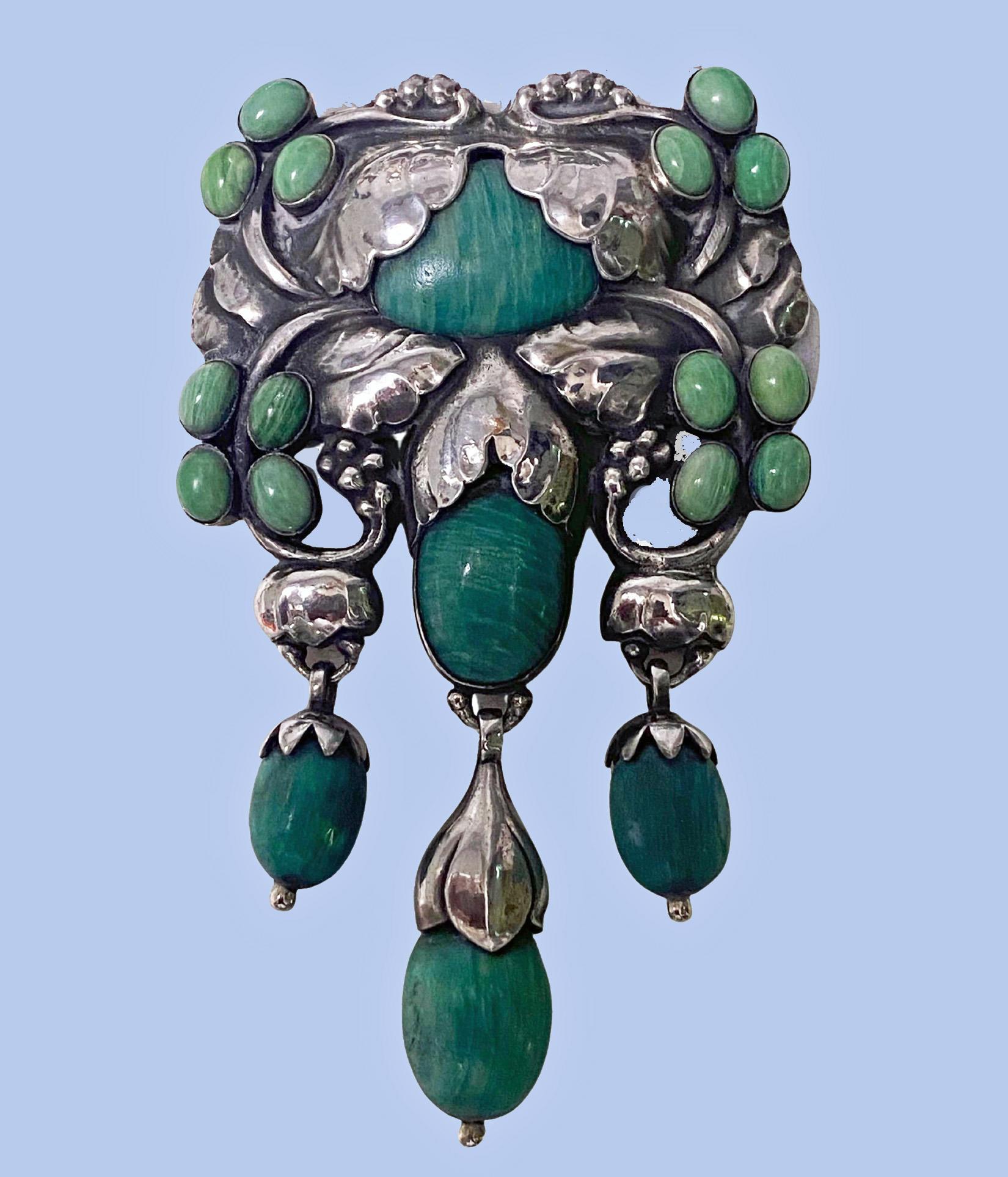 Exceptional Georg Jensen large, rare design Silver and Amazonite Master Brooch, C.1915. Never seen this master brooch in amazonite, probably a once off piece. Designed as foliate, bud and fruit motifs set with and suspending amazonite cabochons with