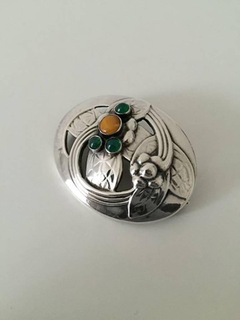 Art Nouveau Georg Jensen Silver Brooch with Amber and Green Stones #13 from 1904-1914