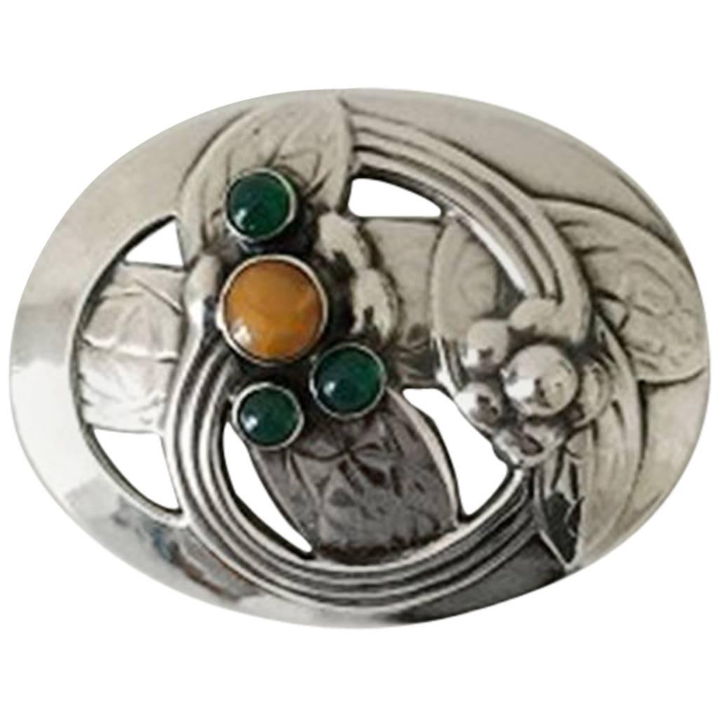 Georg Jensen Silver Brooch with Amber and Green Stones #13 from 1904-1914