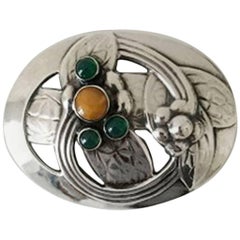 Antique Georg Jensen Silver Brooch with Amber and Green Stones #13 from 1904-1914