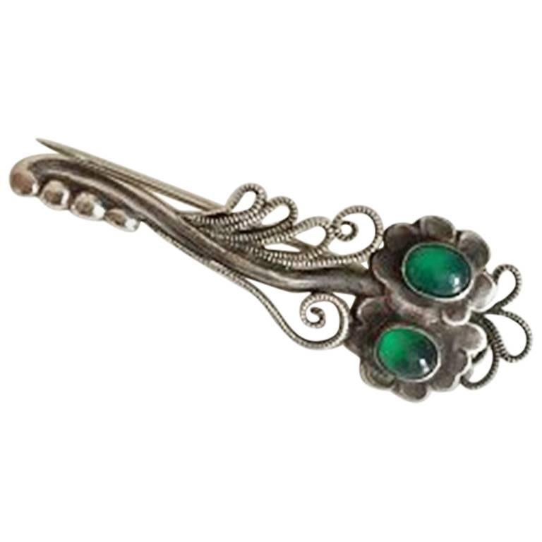 Georg Jensen Silver Brooch with Green Agate #182 from 1910-1920 For Sale