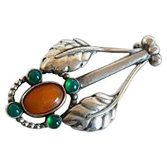 Georg Jensen Silver Brooche #7 with Amber and Green Agates