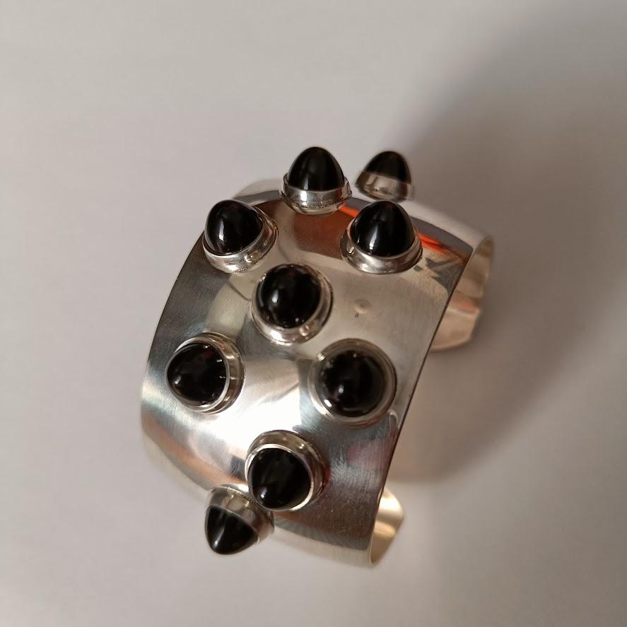 Modern Georg Jensen Silver Cuff Bracelet Design 624 with Black Onyx Cabochons