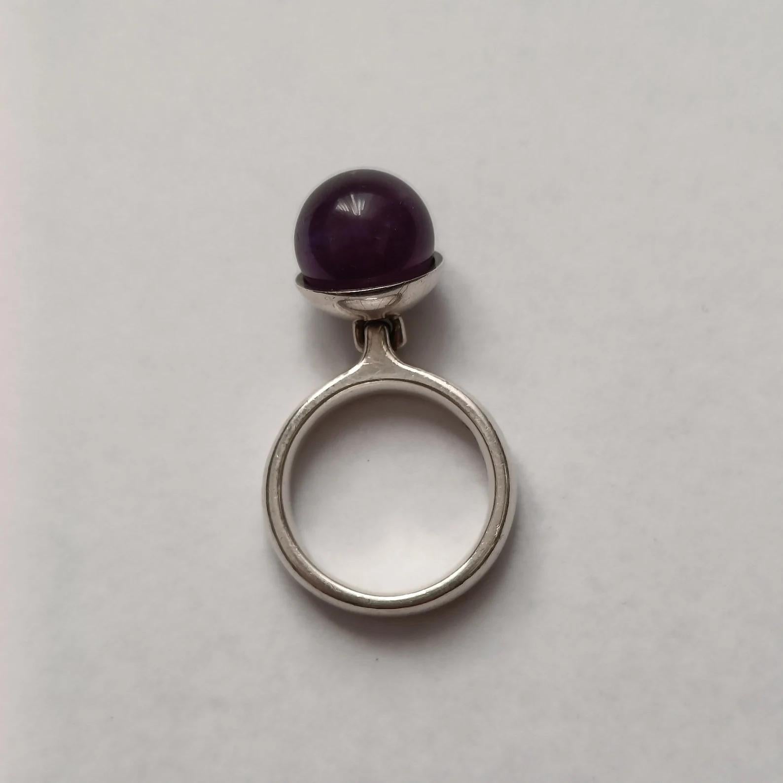 Modern Georg Jensen Silver Ring 473A with Amethyst Sphere Pendant