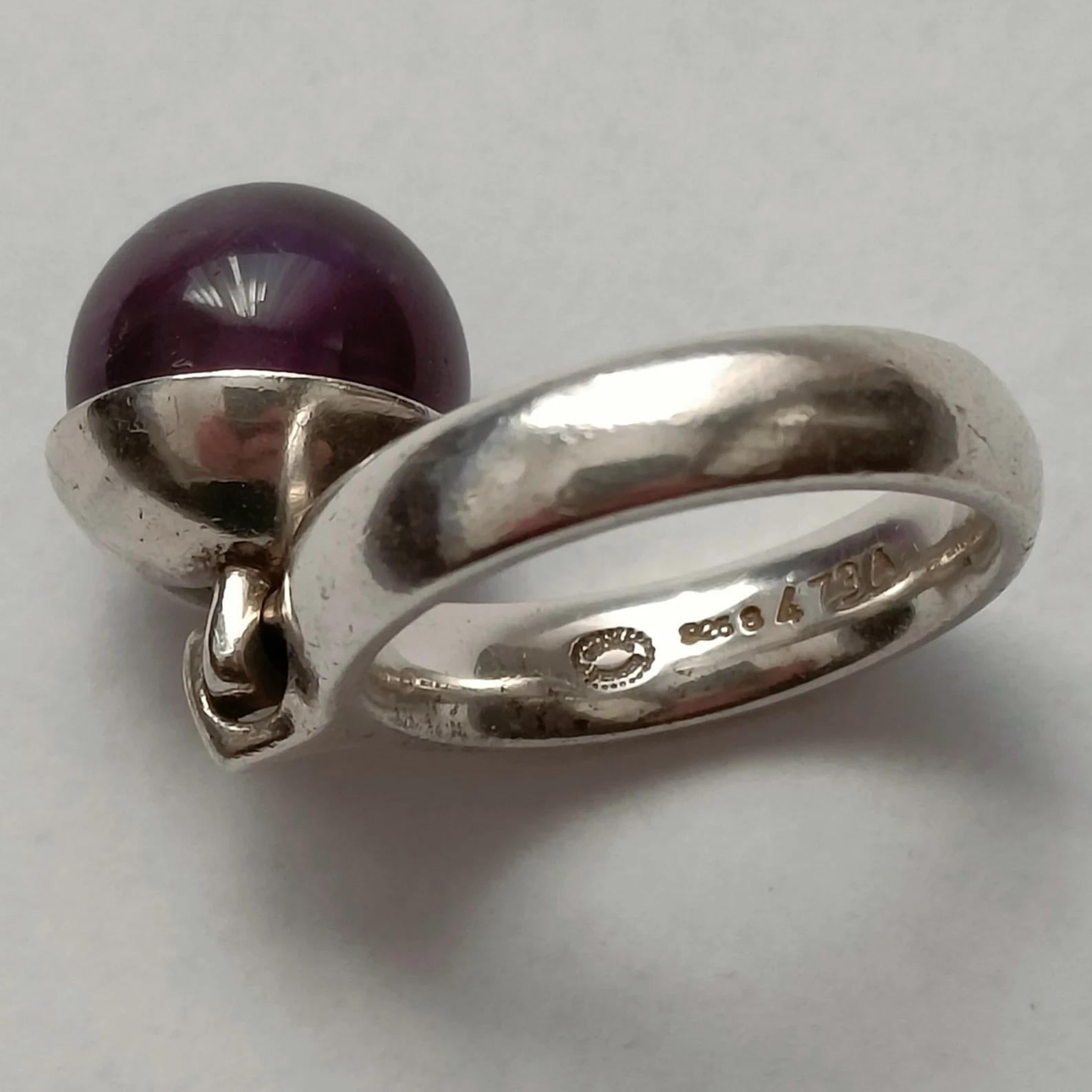 Georg Jensen Silver Ring 473A with Amethyst Sphere Pendant In Good Condition In Magenta, IT