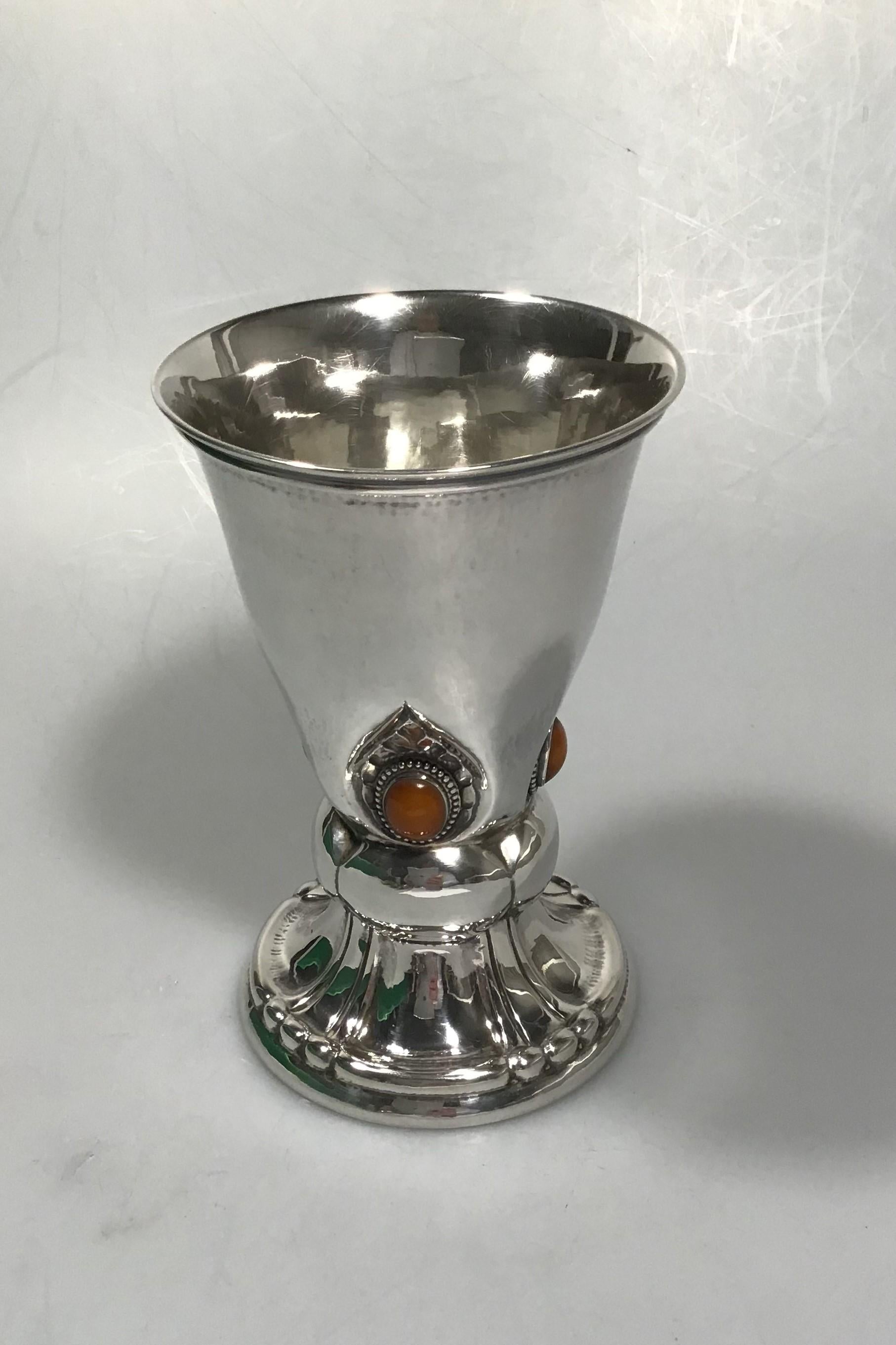 Georg Jensen silver vase No 123 Amber Decorations H. 16 cm; diam. 10.4 cm; weight: 296 g. French import hallmarks 1919.