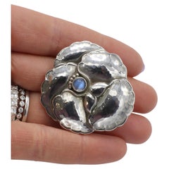 Georg Jensen Stelring Silver Pansy Flower Moonstone Brooch Pin 113