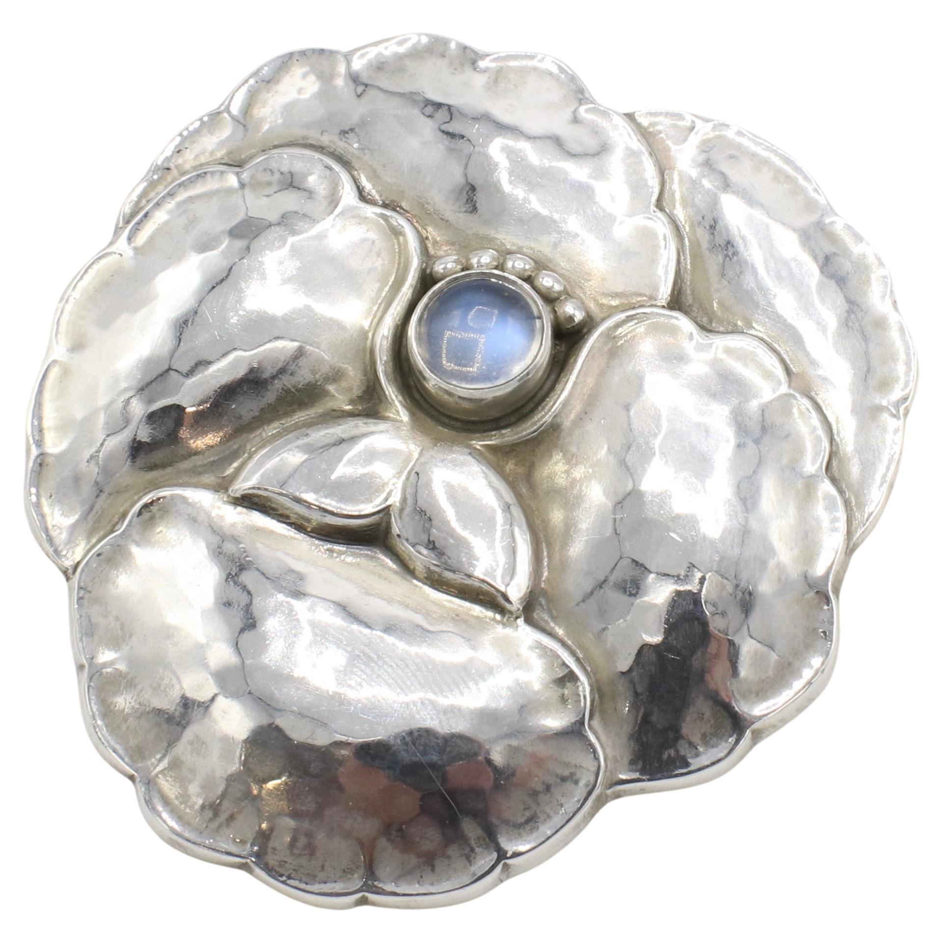 Retro Georg Jensen Stelring Silver Pansy Flower Moonstone Brooch Pin 113 