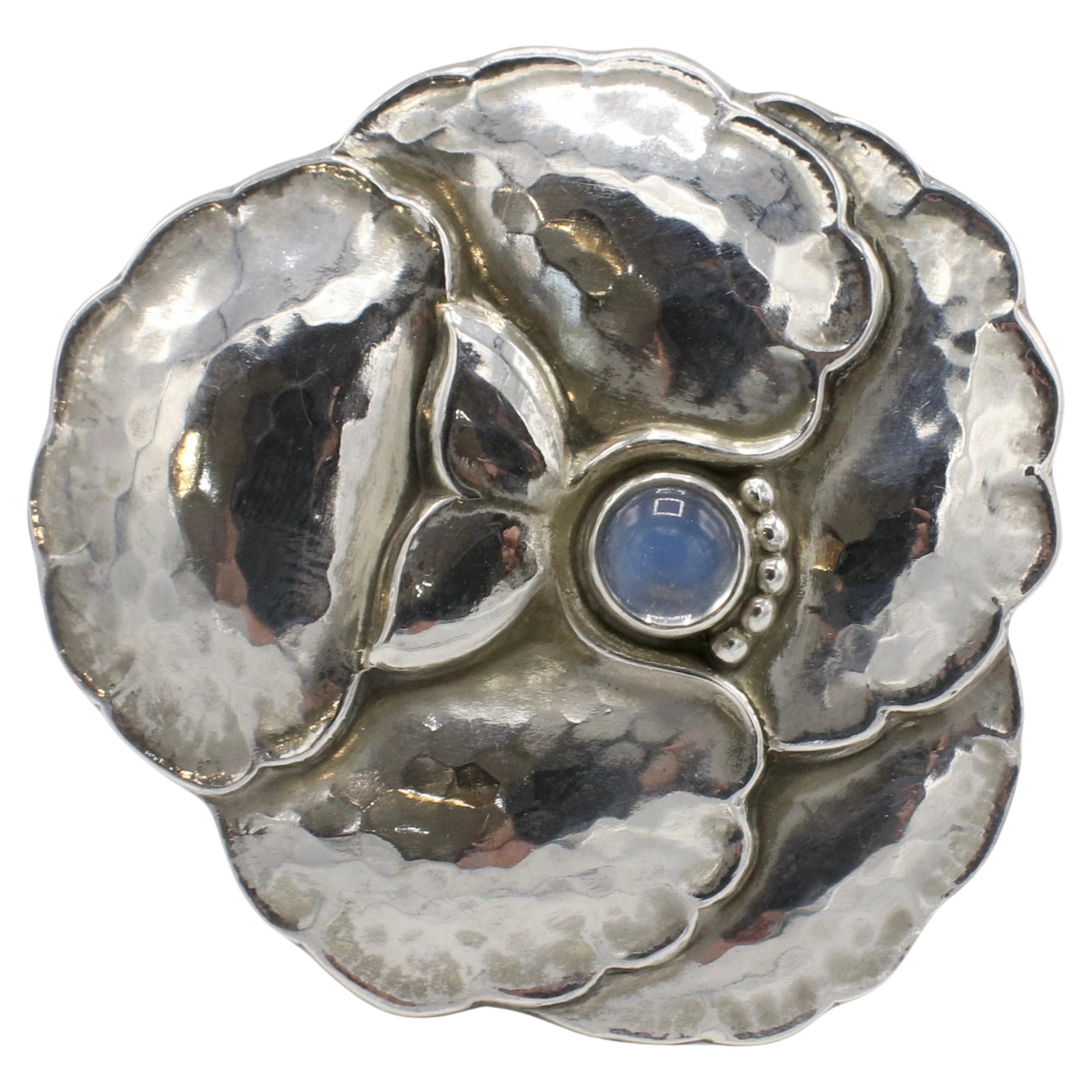 Georg Jensen Stelring Silver Pansy Flower Moonstone Brooch Pin 113 