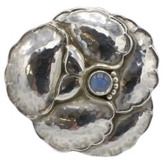 Vintage Georg Jensen Stelring Silver Pansy Flower Moonstone Brooch Pin 113 