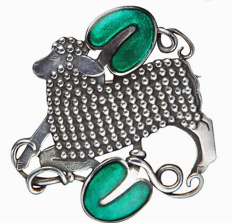 Rare Georg Jensen Arno Malinowski Silver Enamel Lamb Brooch, Denmark C.1942. The Brooch with realistic lamb and green enamel hearts, full vintage marks to reverse GJ 925 Sterling Denmark and numbered 284. Dimensions: Approximately 1.25 x 1.25