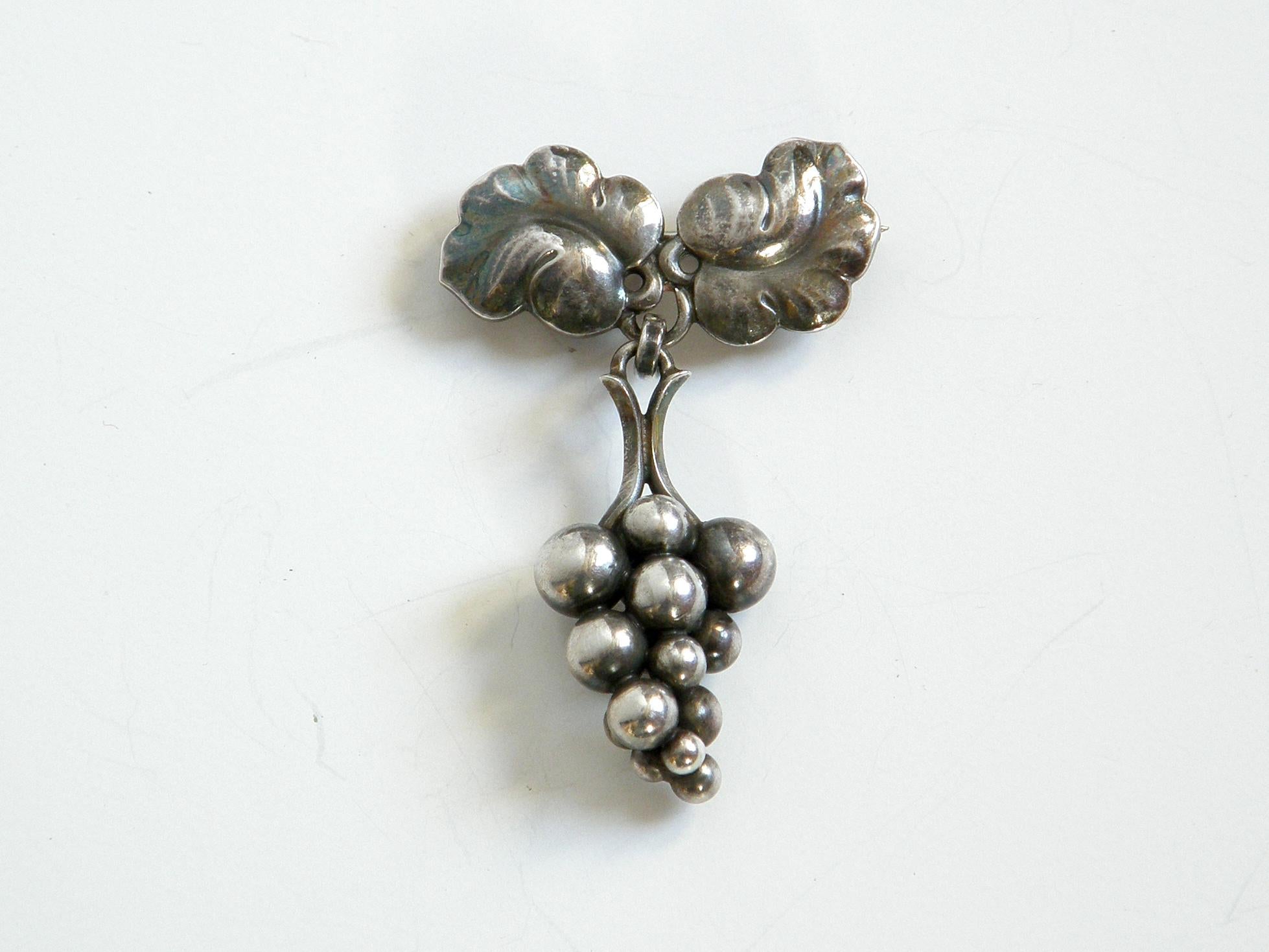 Women's or Men's Georg Jensen Sterling Grapes and Leaves Brooch and Earrings Made in Denmark For Sale