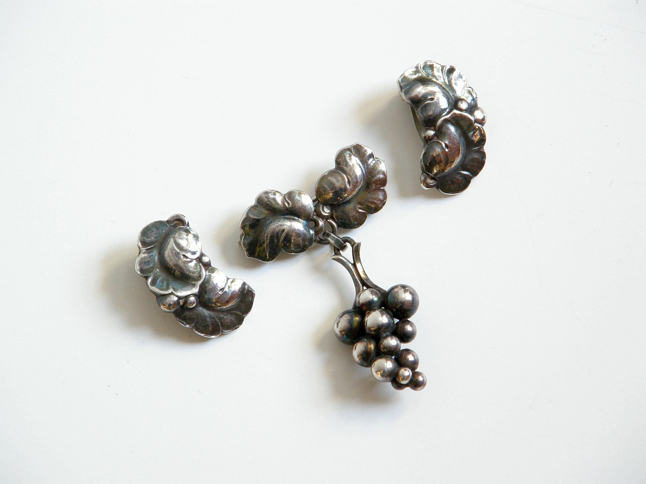 Georg Jensen Sterling Grapes and Leaves Brooch and Earrings Made in Denmark For Sale 5