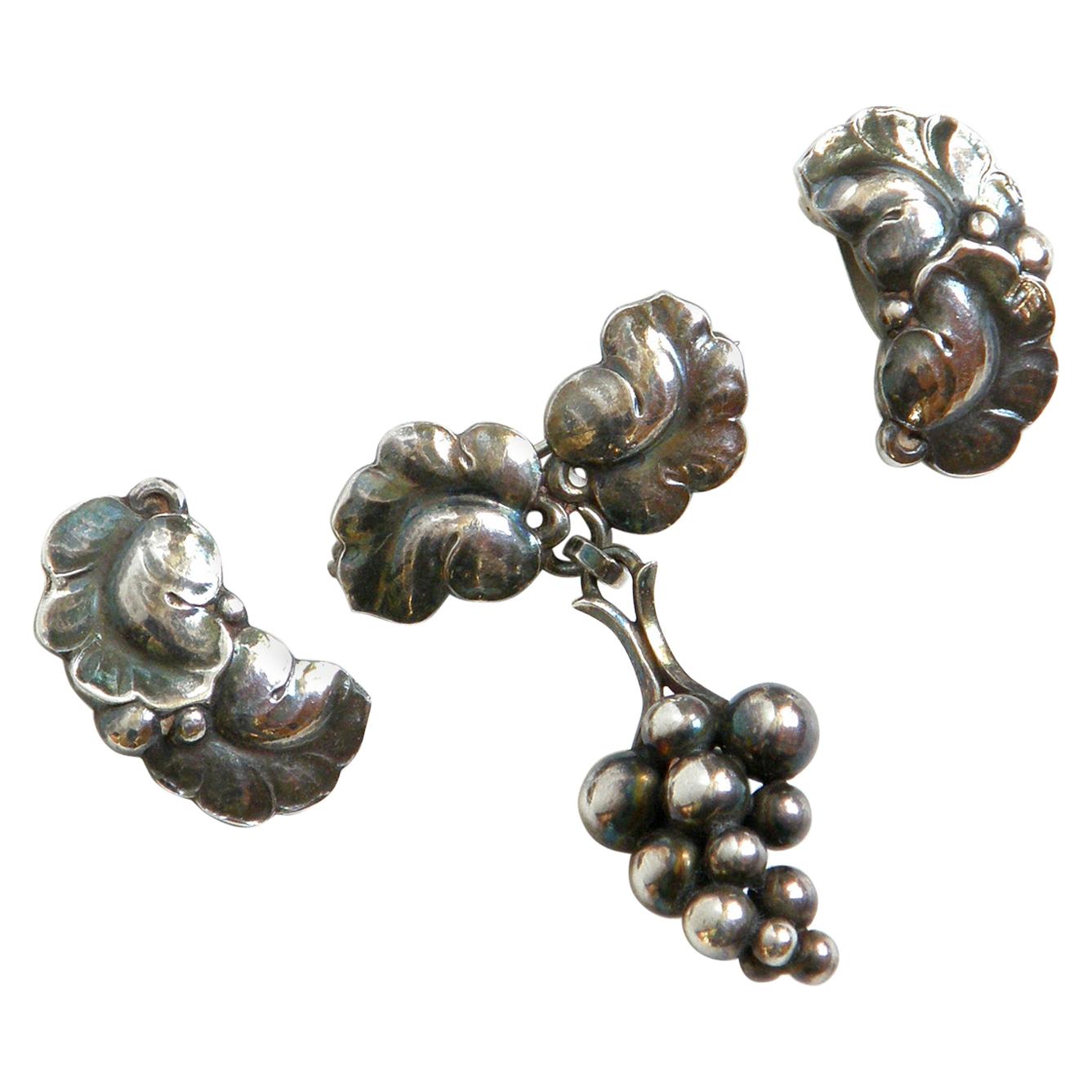 Georg Jensen Broche et boucles d'oreilles en forme de raisins et de feuilles en argent sterling, fabriquées au Danemark