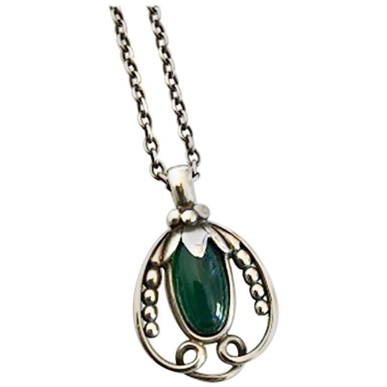Georg Jensen Sterling Silver 1990 Annual Pendant, Green Agate and Chain