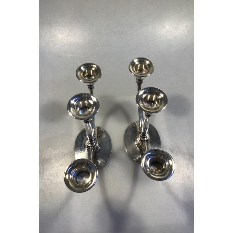 20th Century Georg Jensen Sterling Silver 3-Armed Candlesticks No 673B, Set of 2 For Sale