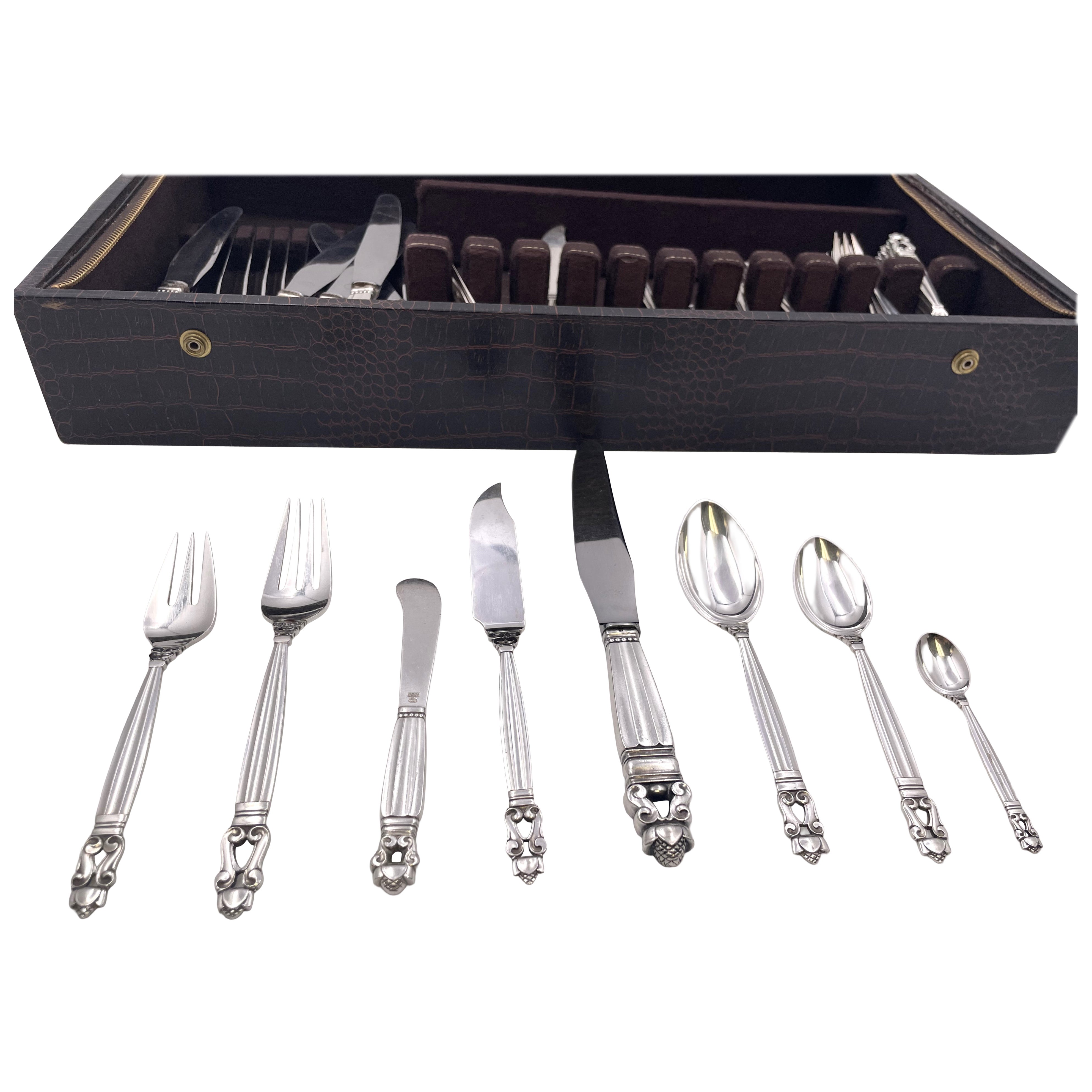 Georg Jensen Sterling Silver 66-Piece Flatware Set in Acorn Pattern For Sale