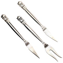 Georg Jensen Sterling Silver Acorn 3-Piece Nut Pick and Lemon Fork Set