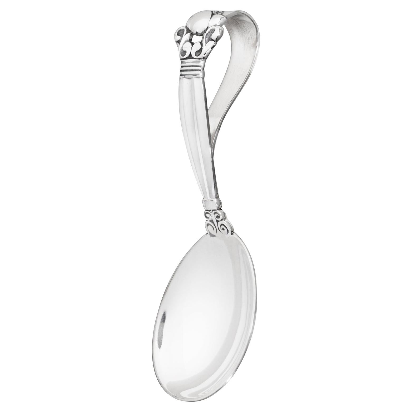 Georg Jensen Sterling Silver Acorn Curved Baby Spoon by Johan Rohde For Sale