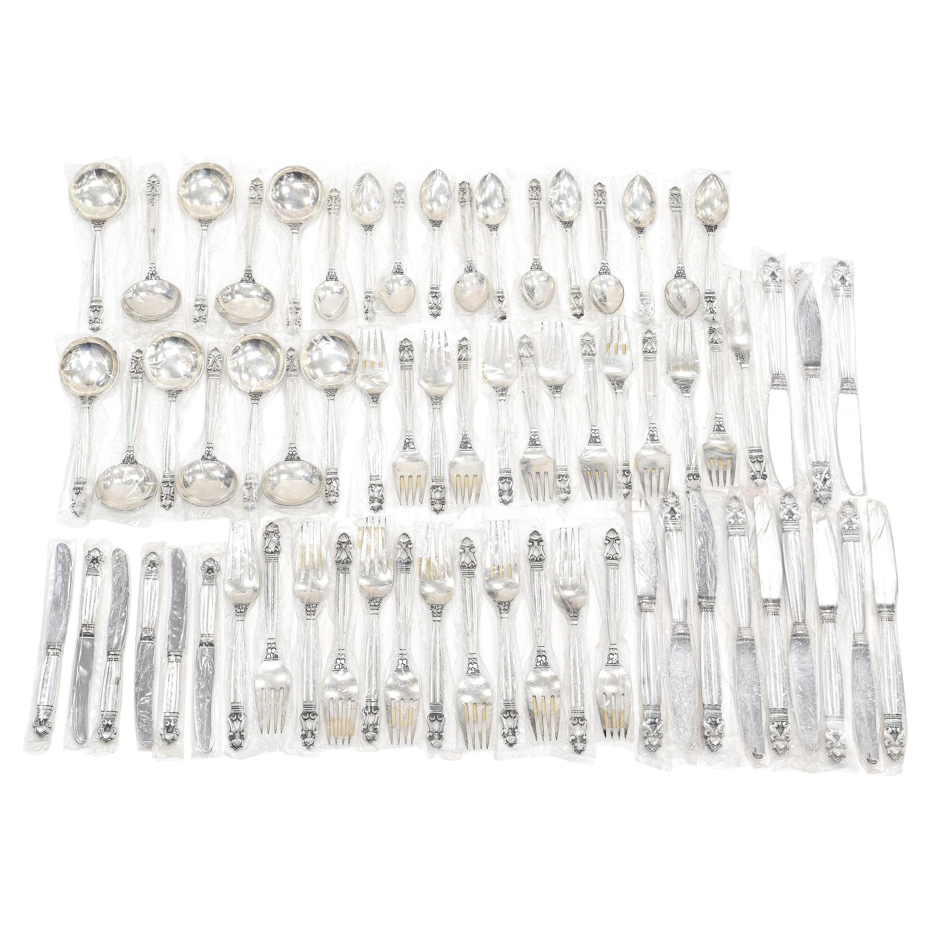 Georg Jensen Sterling Silver Acorn Set Dinner Flatware Set 67 Pieces New en vente