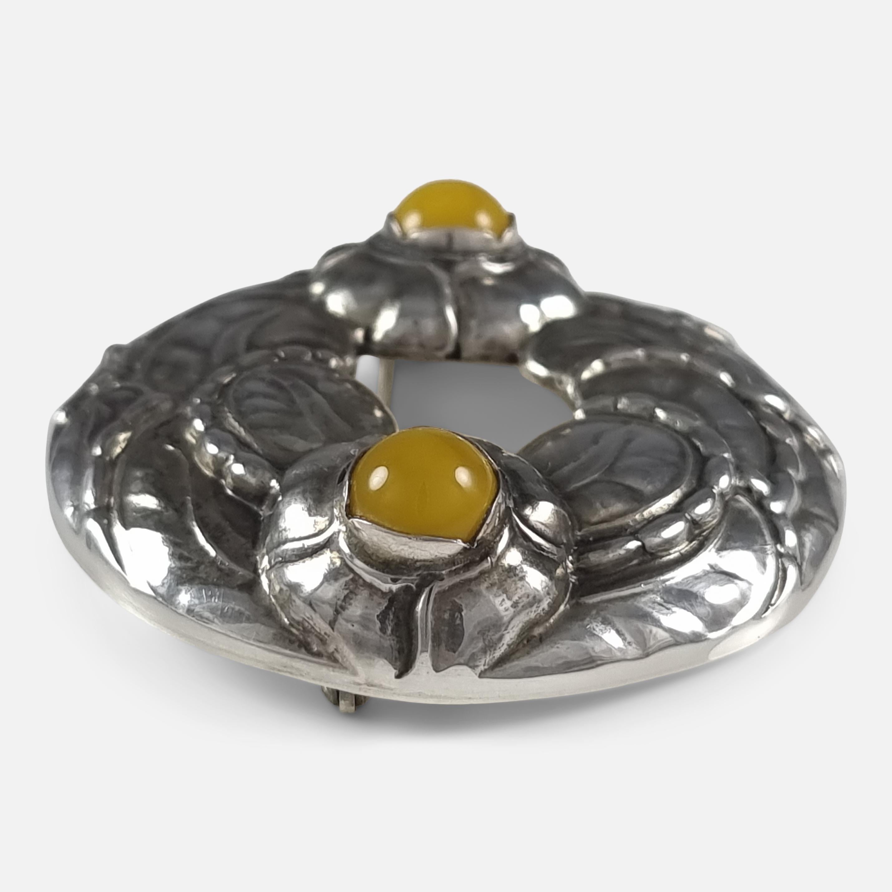 Cabochon Georg Jensen Sterling Silver Amber Anniversary Brooch #42 For Sale