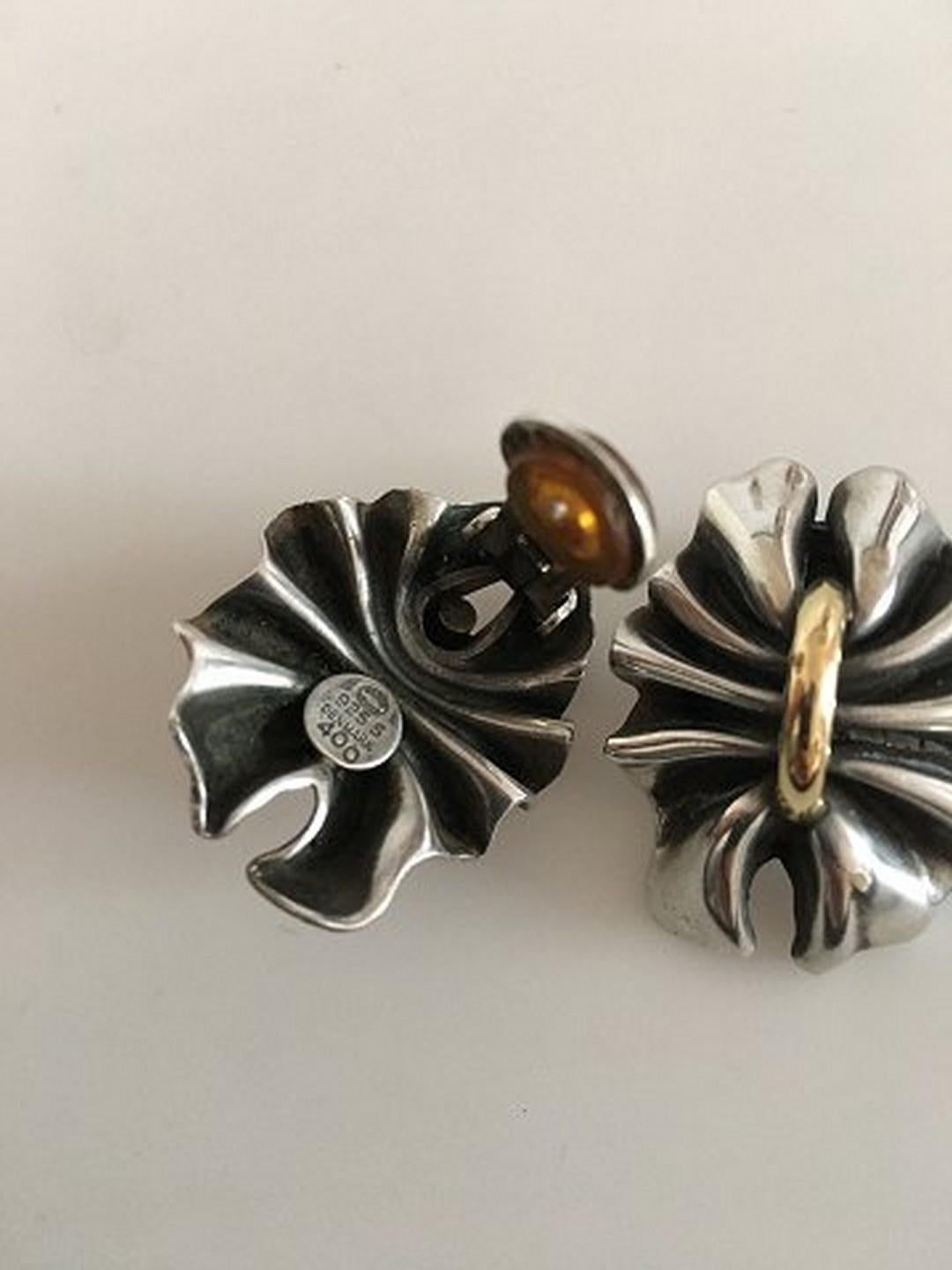 Georg Jensen Sterling Silver and 18K Gold Lene Munthe Earrings (Clips) No 400. Measures 3 cm / 1 3/16 in. x 2 cm / 0 25/32 in. Combined weight of 27.3 g / 0.96 oz.
