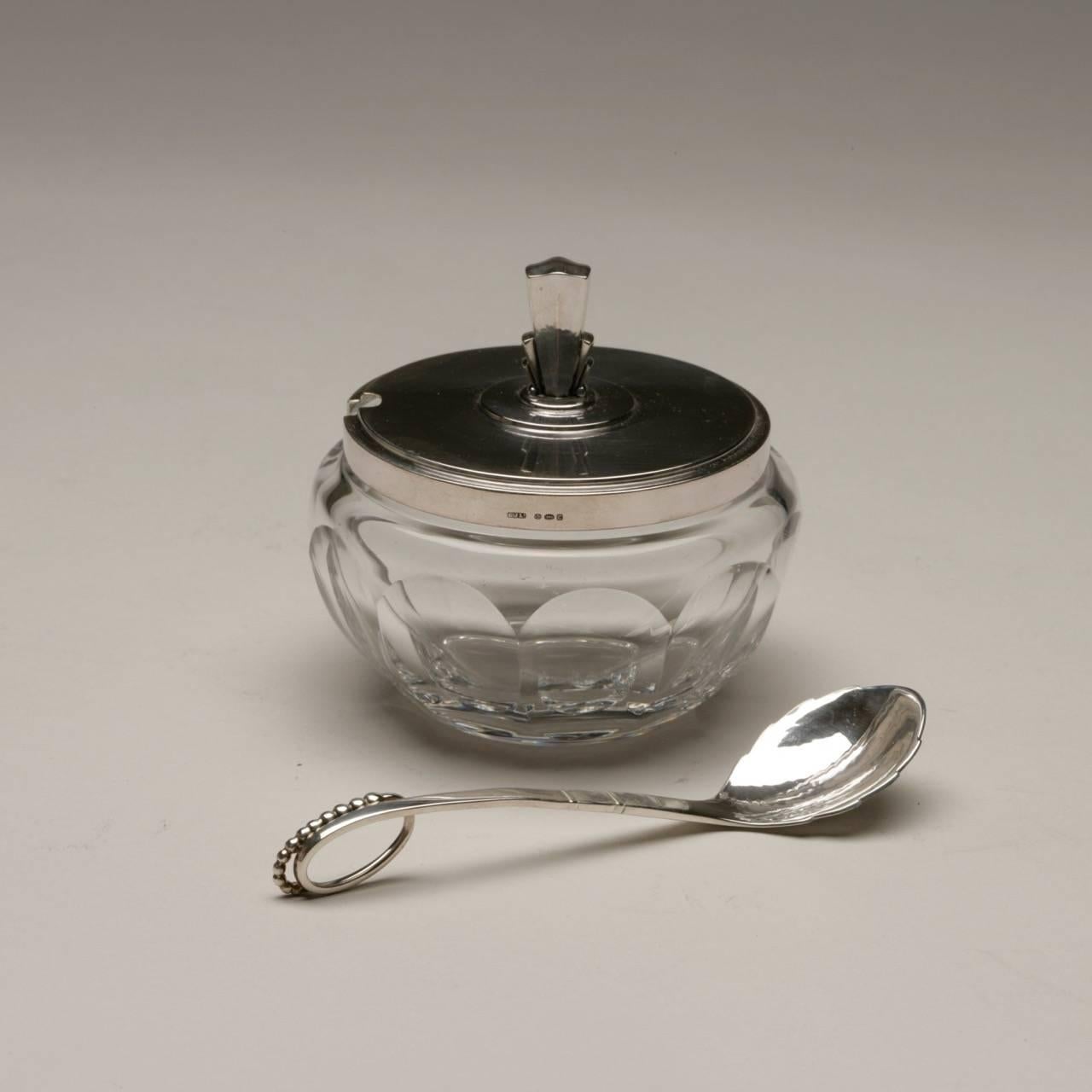 Art Deco Georg Jensen Sterling Silver and Crystal Serving Jar, No. 134C by Harald Nielsen For Sale