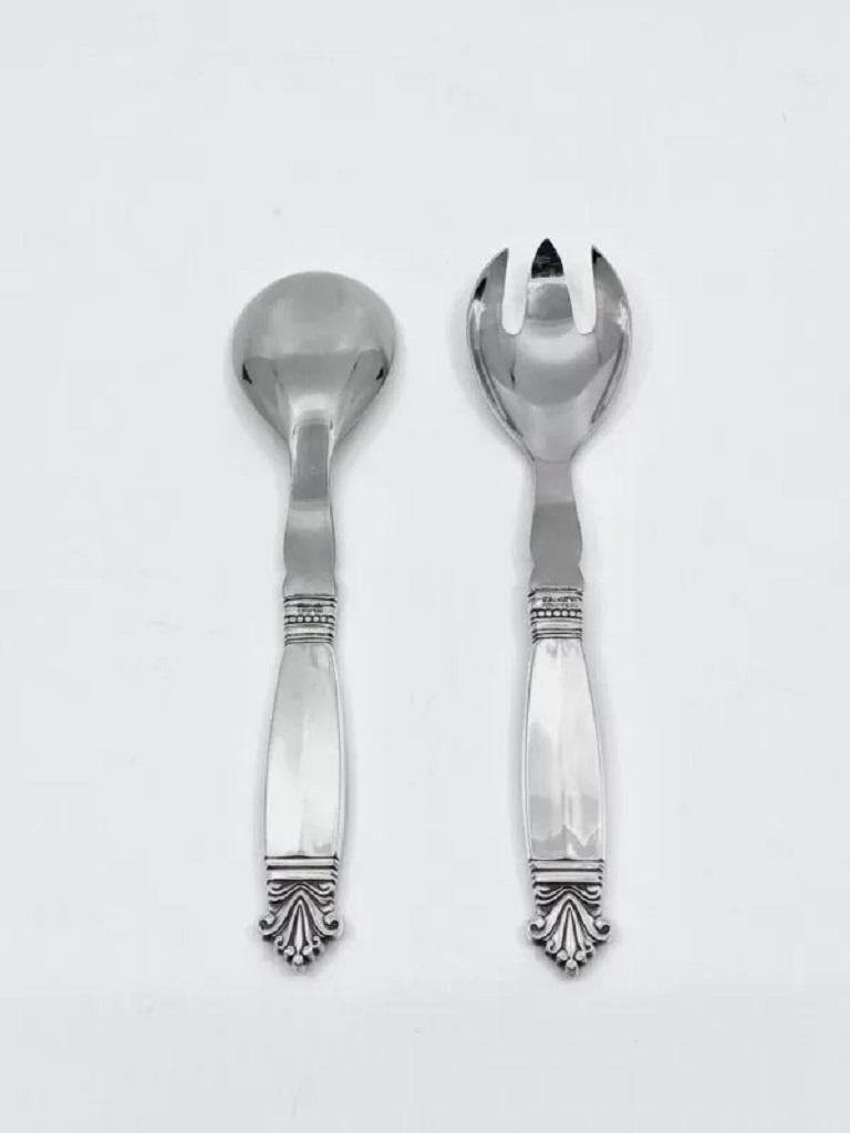 Danish Georg Jensen Sterling Silver and Steel Acanthus Small Salad Set 134 For Sale