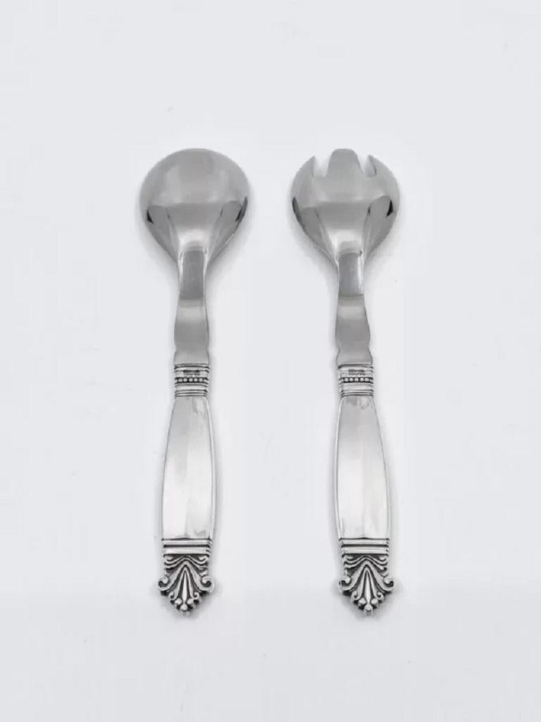 Polished Georg Jensen Sterling Silver and Steel Acanthus Small Salad Set 134 For Sale