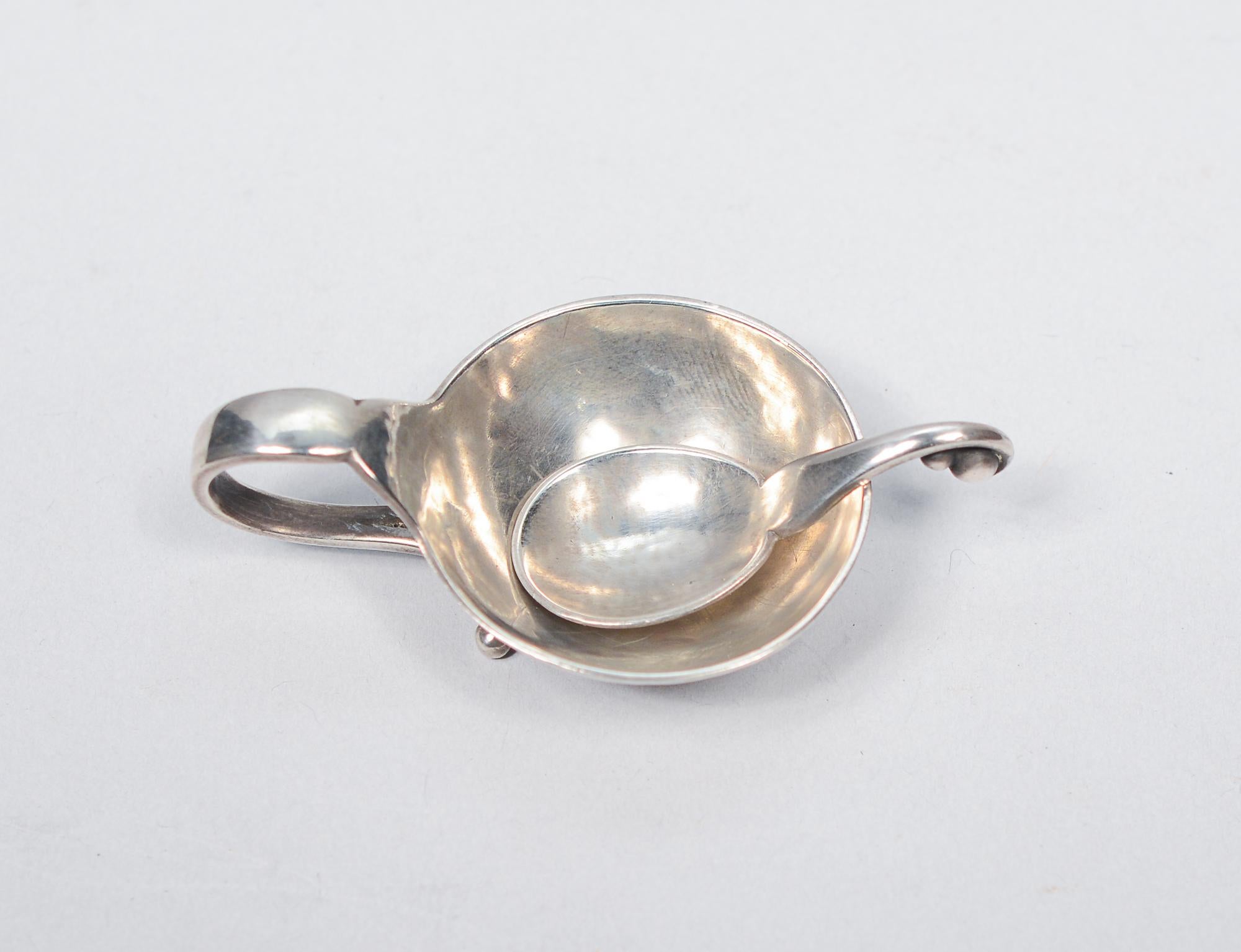 Georg Jensen Sterling Silver Art Deco Salt Cellar and Spoon For Sale 2