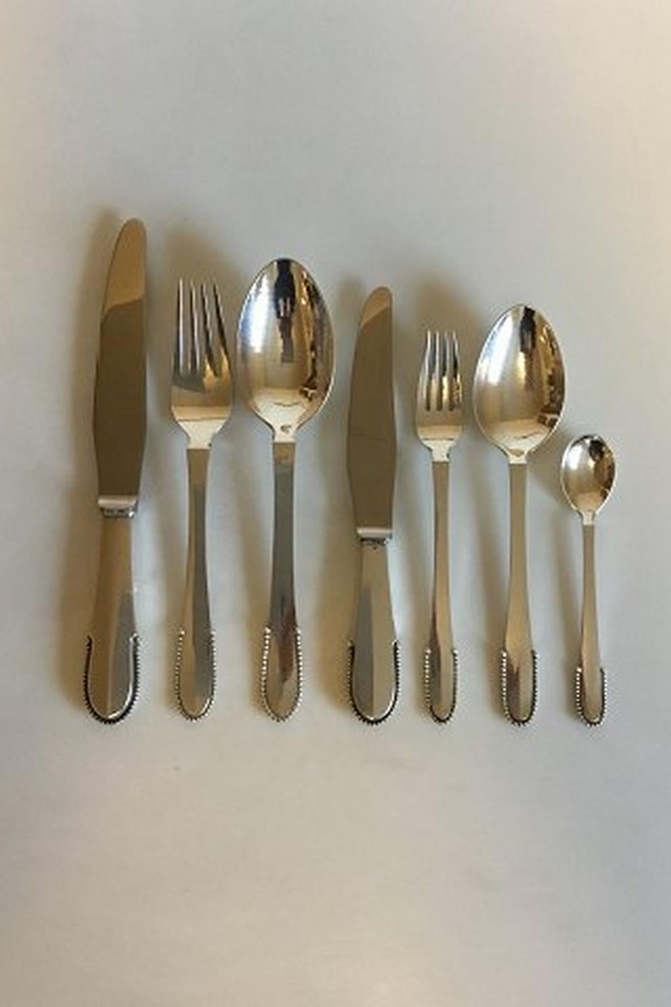 Art Nouveau Georg Jensen Sterling Silver Beaded Flatware Set for 12 Persons, 84 Pieces For Sale
