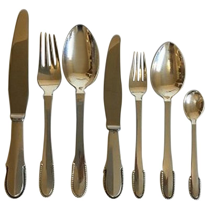 Georg Jensen Sterling Silver Beaded Flatware Set for 12 Persons, 84 Pieces For Sale