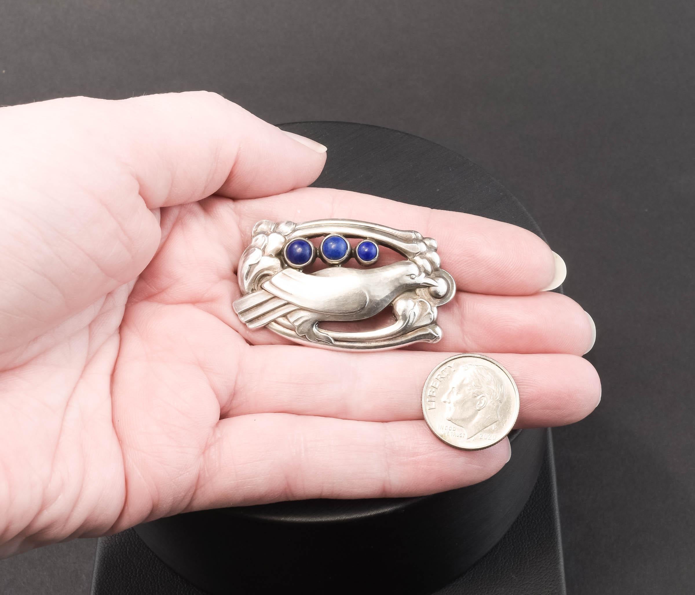 Cabochon Georg Jensen Sterling Silver Bird Brooch with Lapis Lazuli, circa 1933 - 1944 For Sale