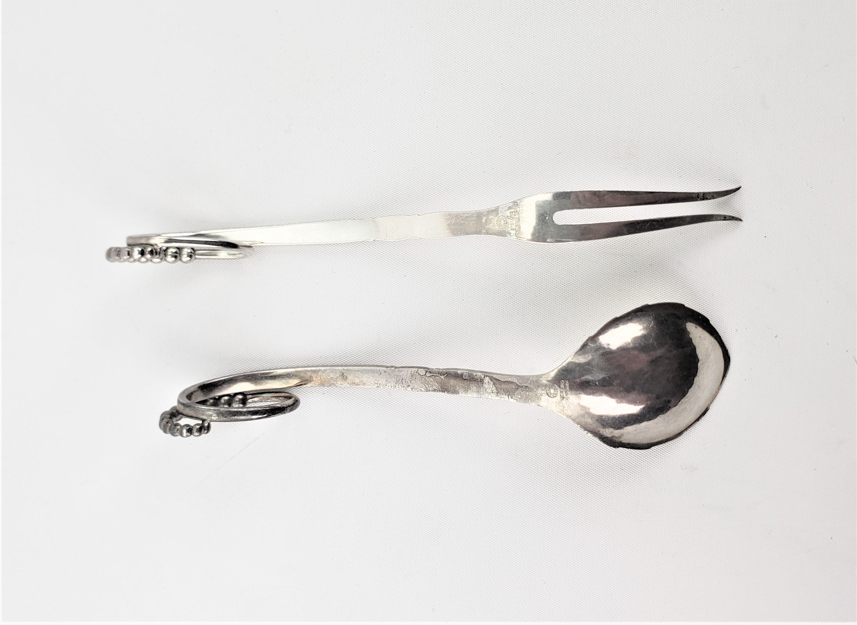 Danish Georg Jensen Sterling Silver Blossom Cocktail or Pickle Fork & Condiment Spoon For Sale