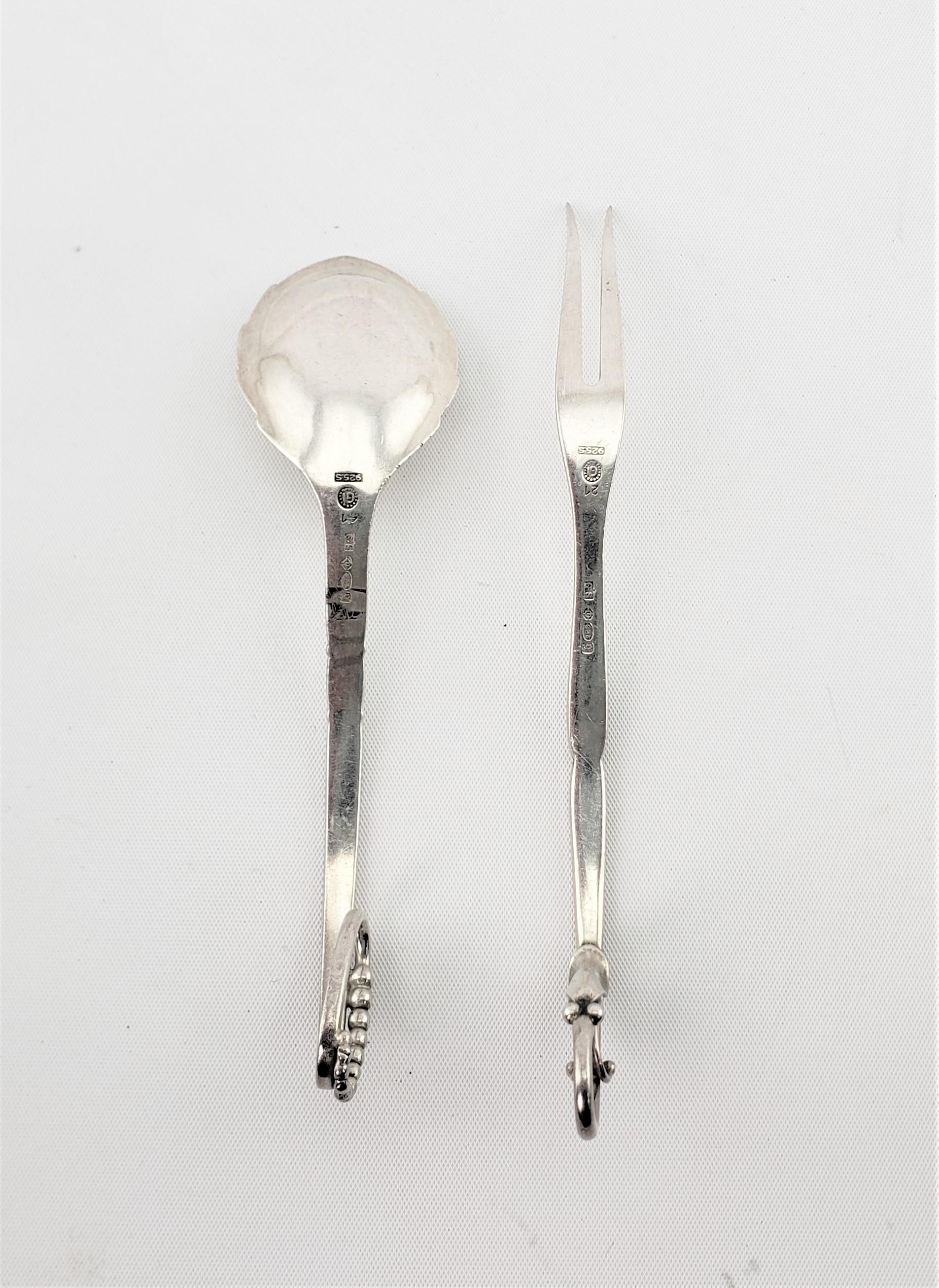 Danish Georg Jensen Sterling Silver Blossom Cocktail or Pickle Fork & Condiment Spoon  For Sale