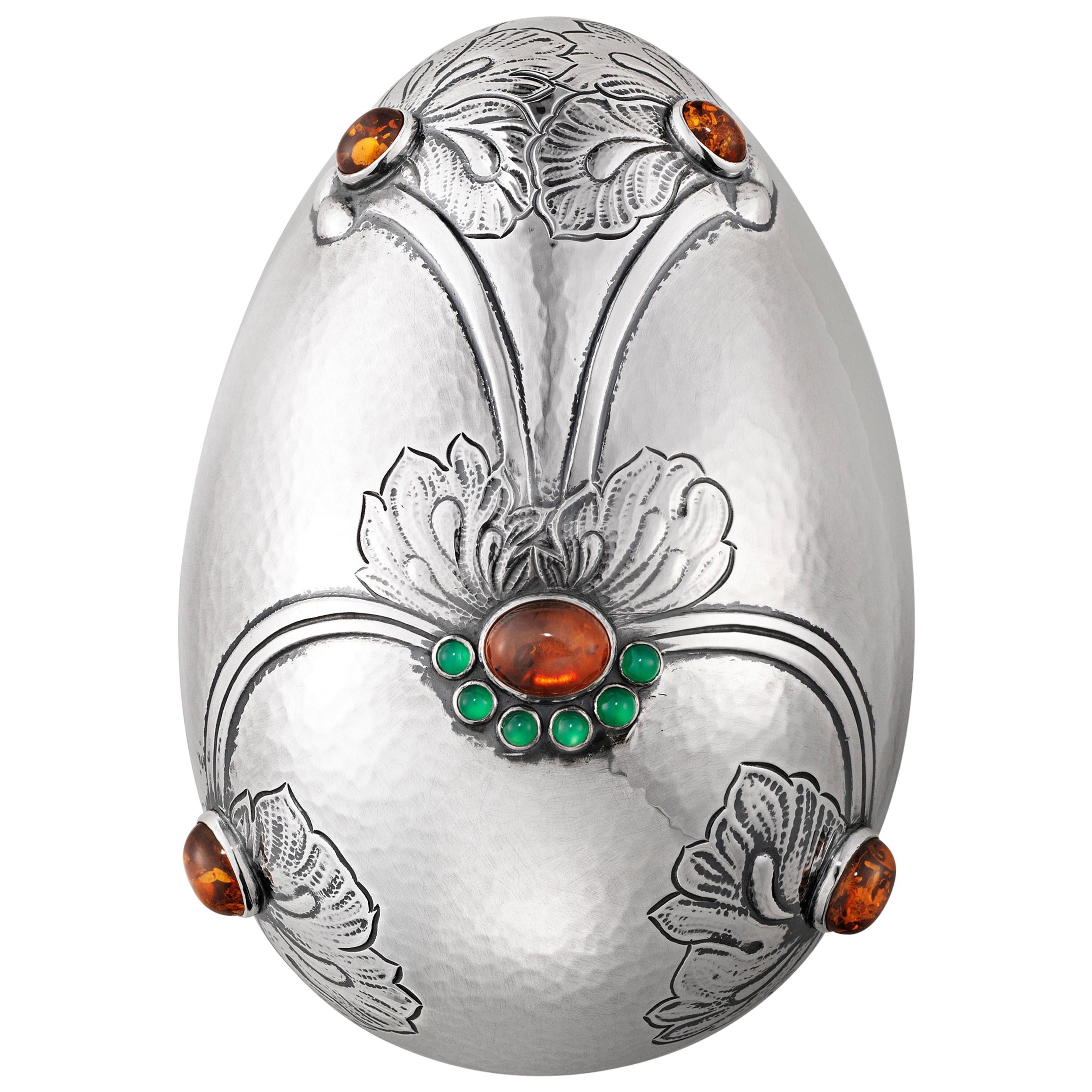 Georg Jensen Sterling Silver Bonbonnière with Green Agate and Amber Stones For Sale