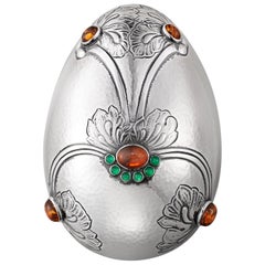 Georg Jensen Sterling Silver Bonbonnière with Green Agate and Amber Stones