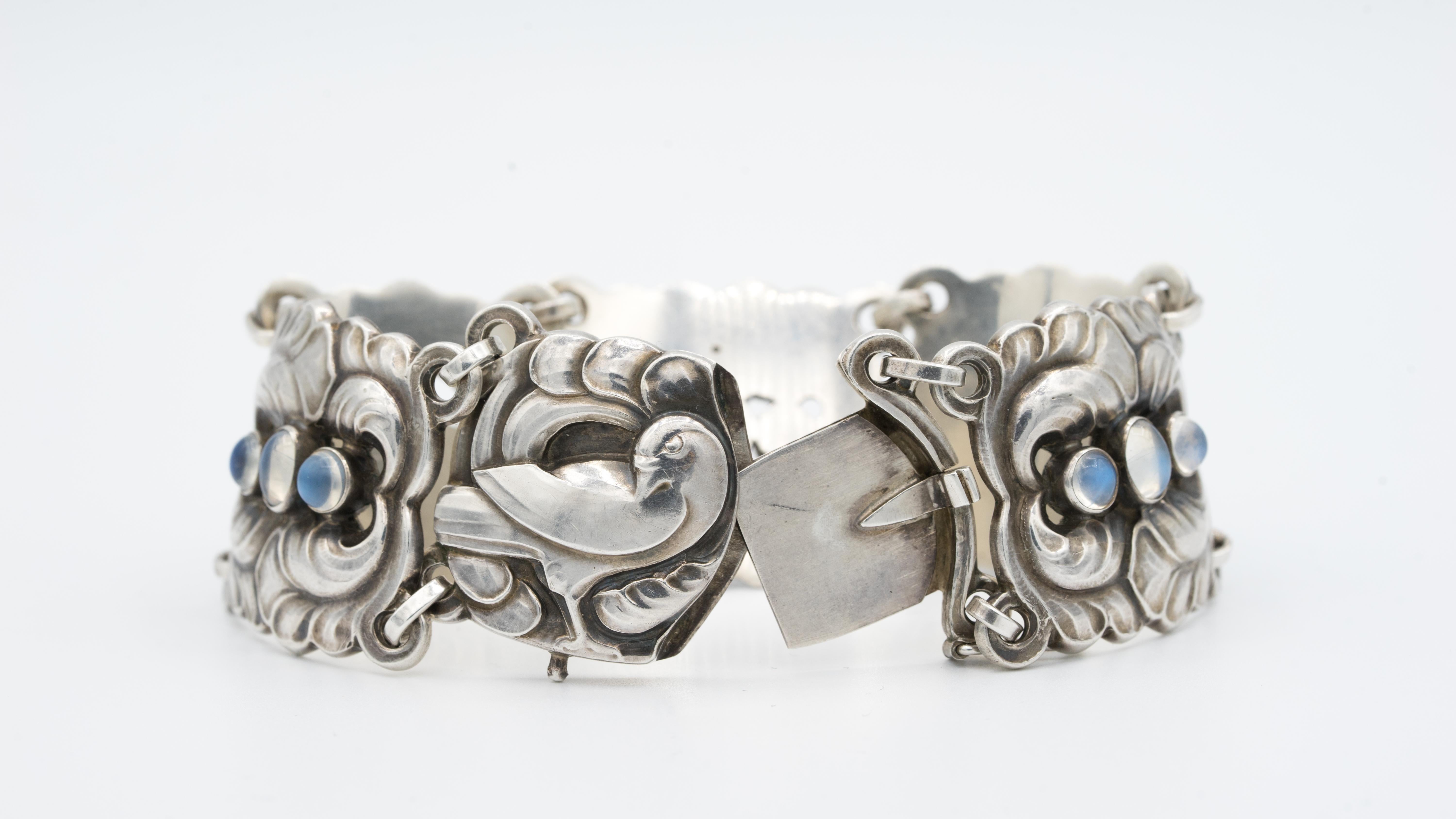 Georg Jensen Sterling Silver Wide Dove Bracelet, Design #32, with Moonstones 2