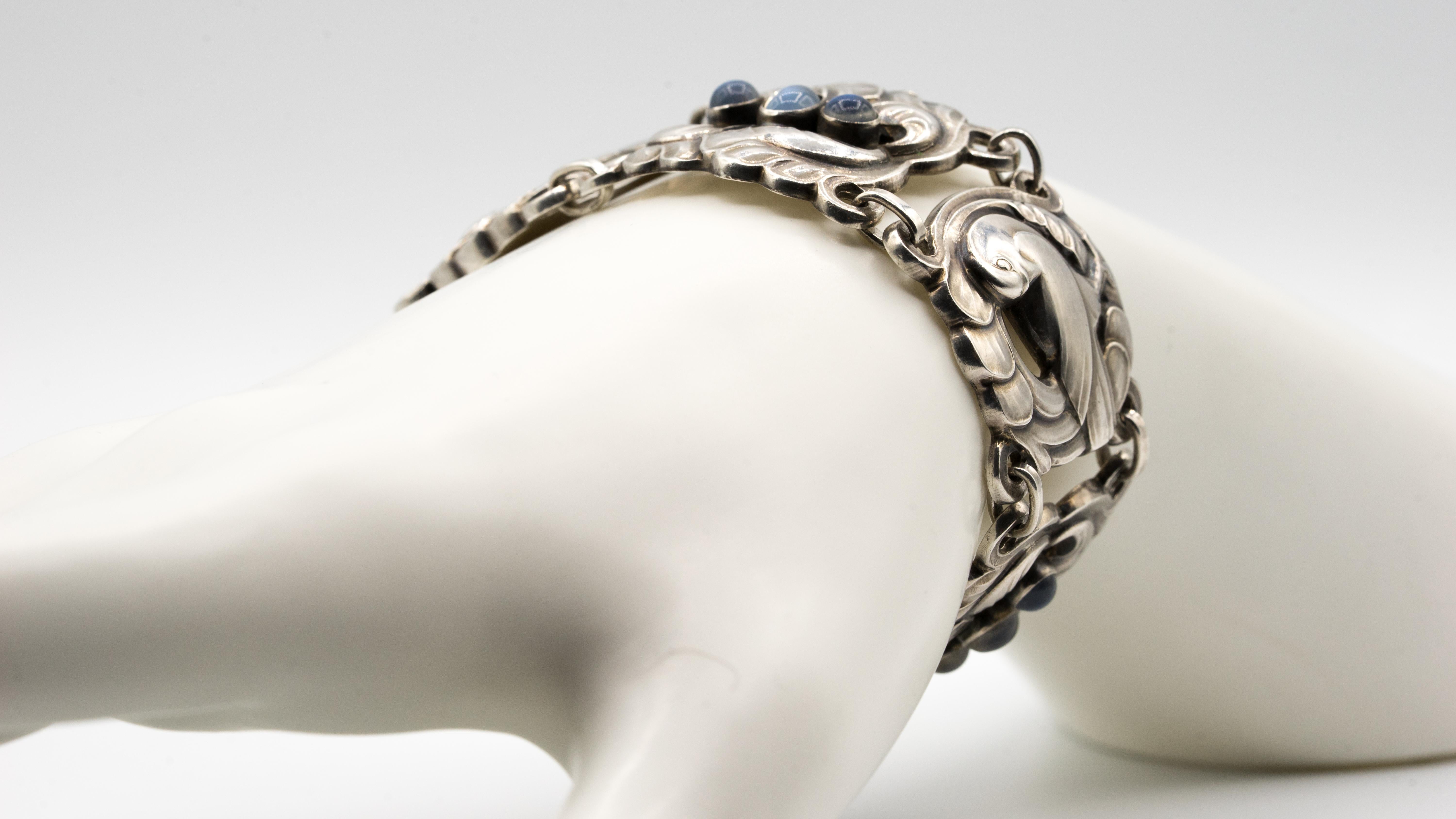 Art Nouveau Georg Jensen Sterling Silver Wide Dove Bracelet, Design #32, with Moonstones