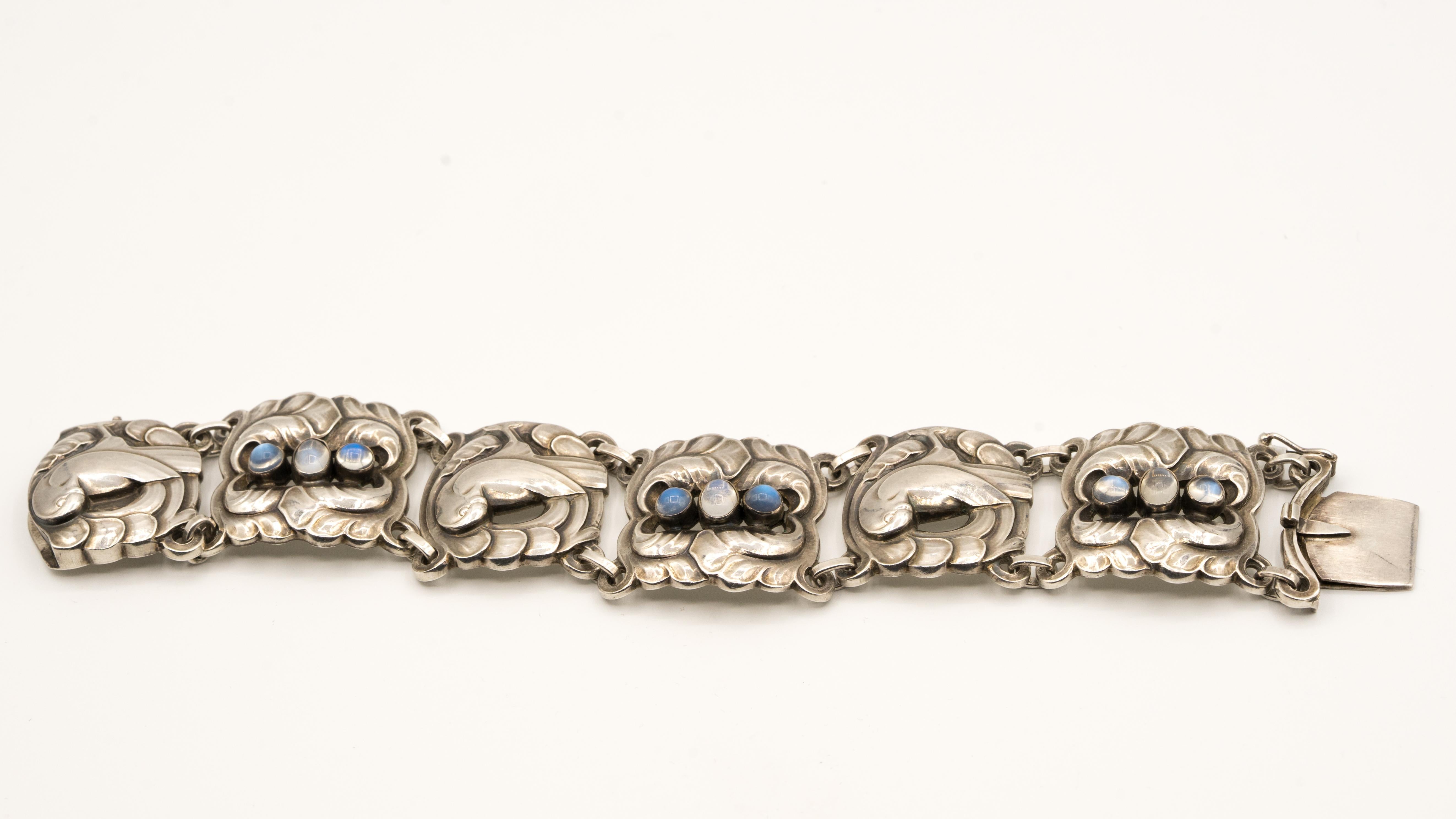 Georg Jensen Sterling Silver Wide Dove Bracelet, Design #32, with Moonstones 1