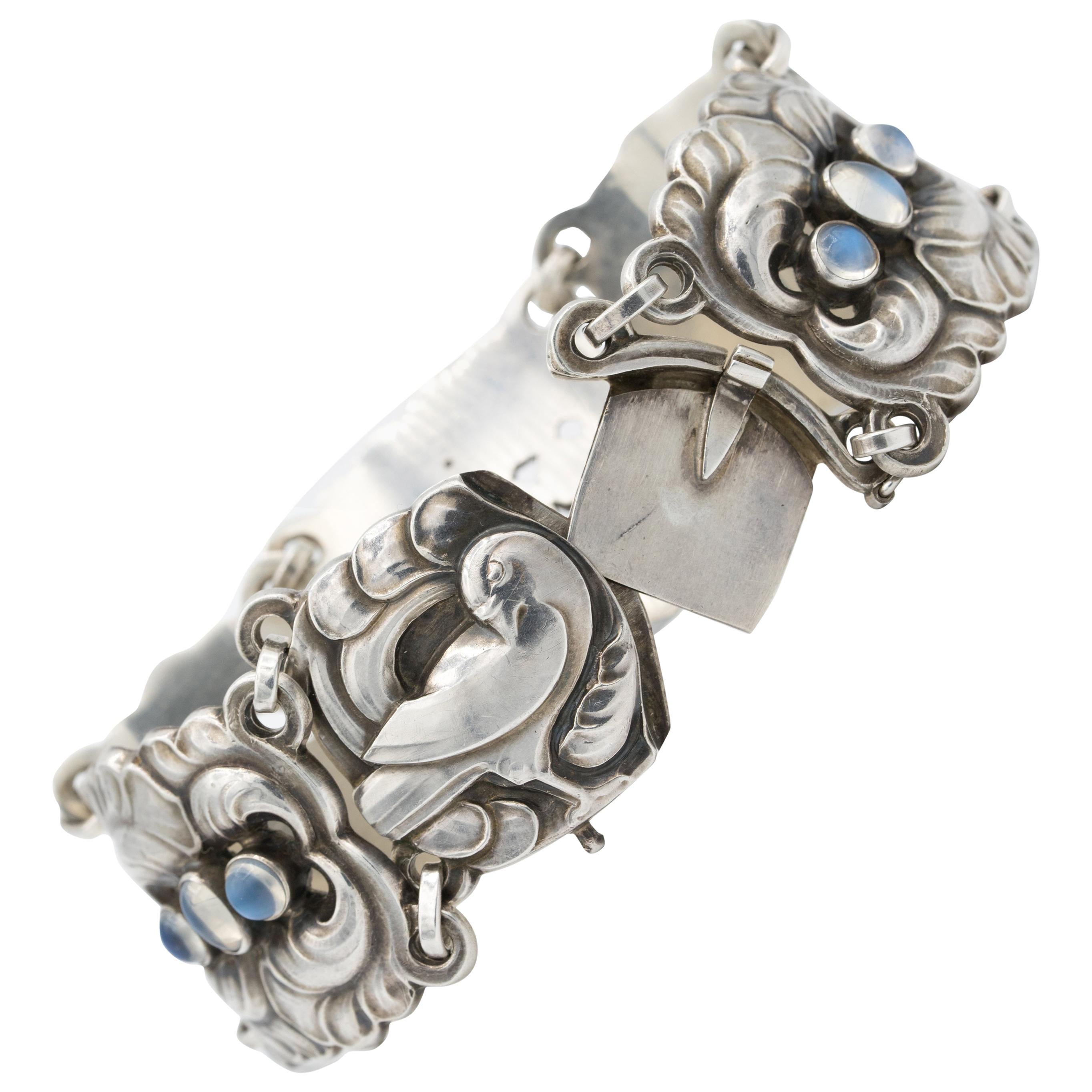 Georg Jensen Sterling Silver Wide Dove Bracelet, Design #32, with Moonstones