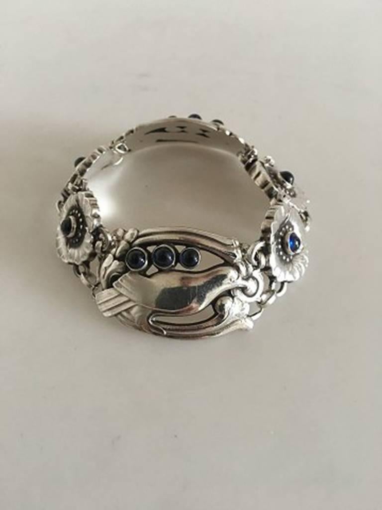 Art Nouveau Georg Jensen Sterling Silver Bracelet No 23 with Birds and 10 Synthetic Sapphire